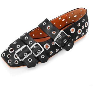 ✨Women's Black Buckle Strap Ballet Flats Metal Grommet Studded Mary Jane Shoes